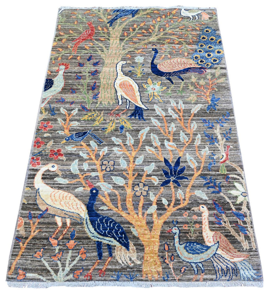 Mink Gray Pure Wool Afghan Peshawar Hand Knotted Oriental Rug, 3'2"x5'