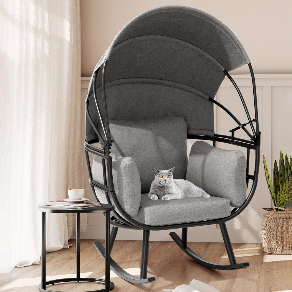 Egg Chair Outdoor Aluminum Rocking Lounge With Folding Canopy in Gray Finish, Gray