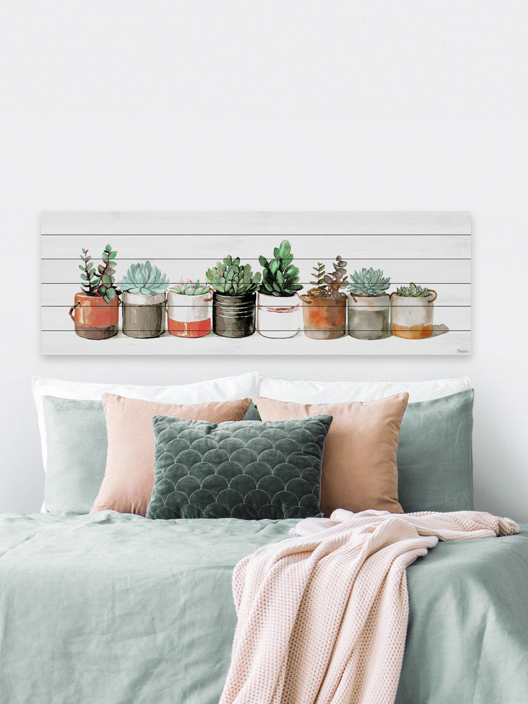 "Cactus in Cans" Painting Print on White Wood, 60"x20"
