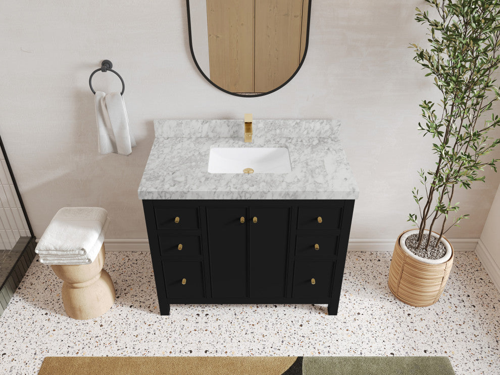 Chicago 42" Single Sink Bathroom Vanity, Black 2" Carrara Marble