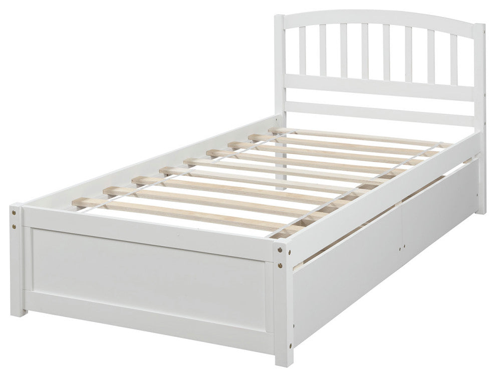 Gewnee Wood Twin Platform Bed with Storage Drawers in White