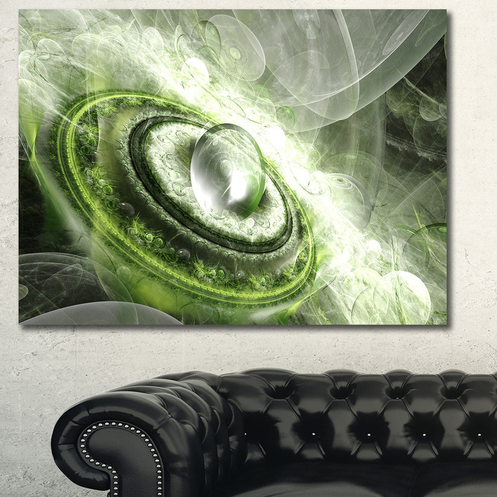 Green Fractal Flying Saucer, Oversized Abstract Canvas Art Print, 60x40