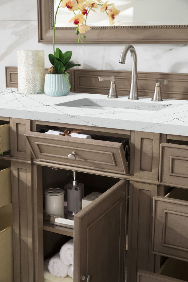 Bristol 60" Single Vanity Whitewashed Walnut, Ethereal Noctis Quartz