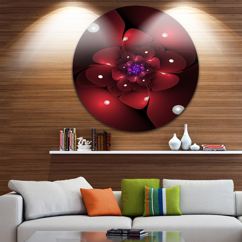 Red Fractal Flower With Illumination, Floral Round Metal Wall Art, 23"