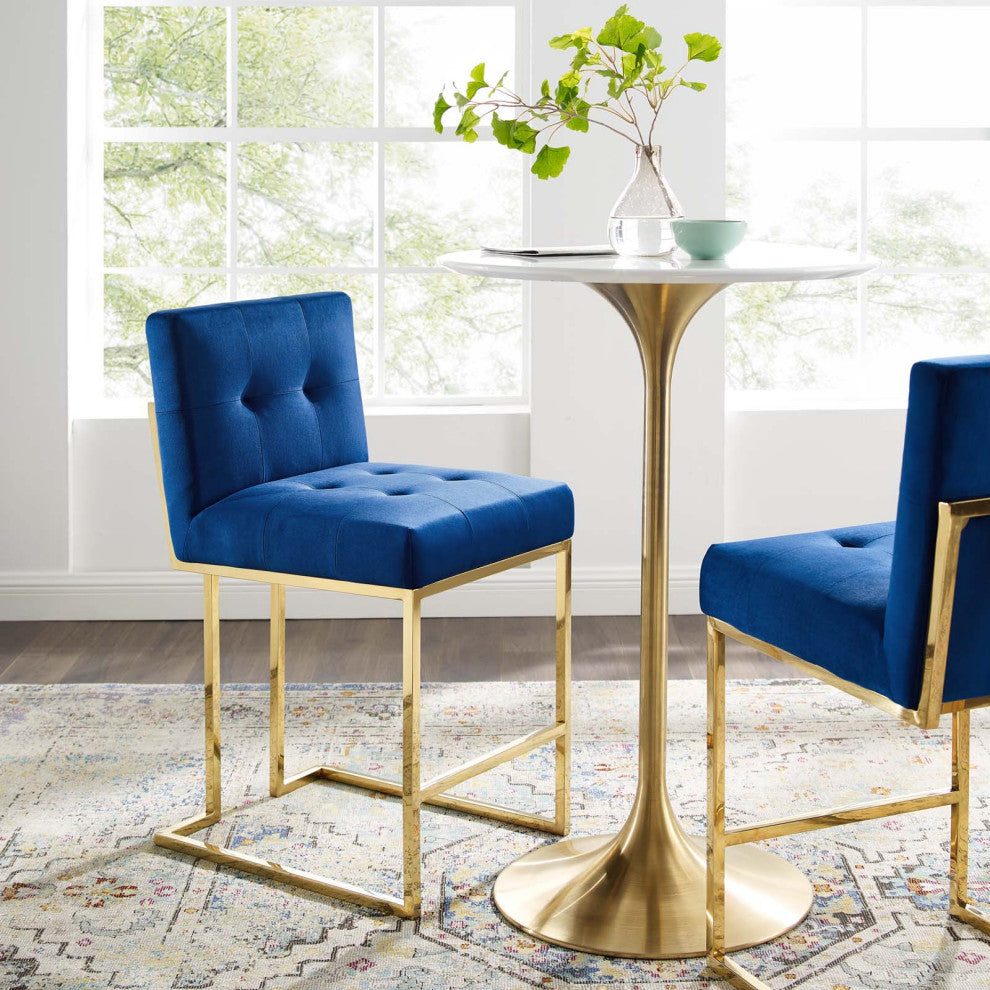 Counter Stool Chair, Velvet, Metal, Gold Blue Navy, Modern, Bar Pub Cafe Bistro