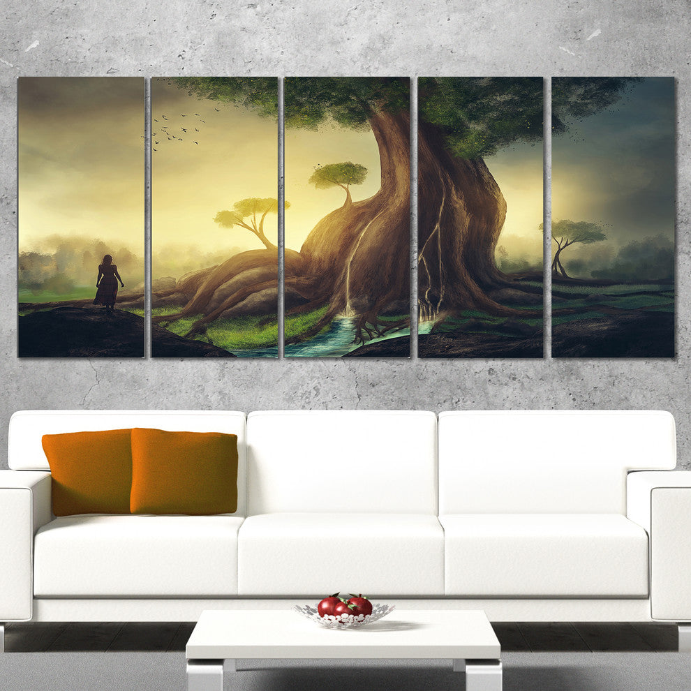 "Giant Tree With Woman" Digital Canvas Print, 5 Panels, 60"x28"