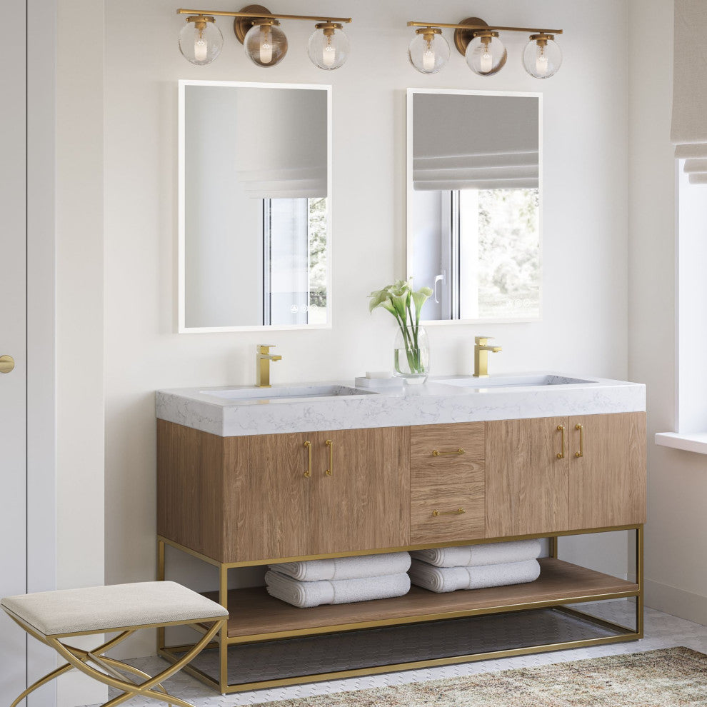 Bahia Bath Vanity, Oak, 60", Brushed Gold Hardware, Double, Freestanding