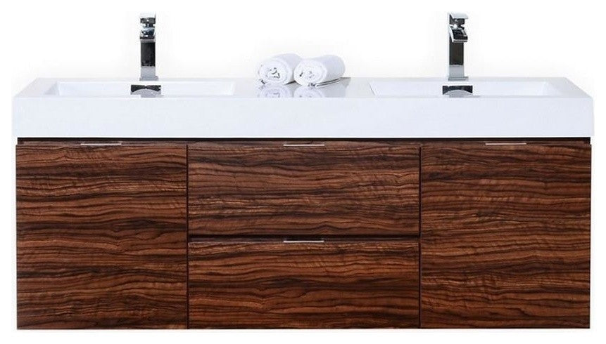 Bliss 60" Double Sink Walnut Wall Mount Modern Bathroom Vanity