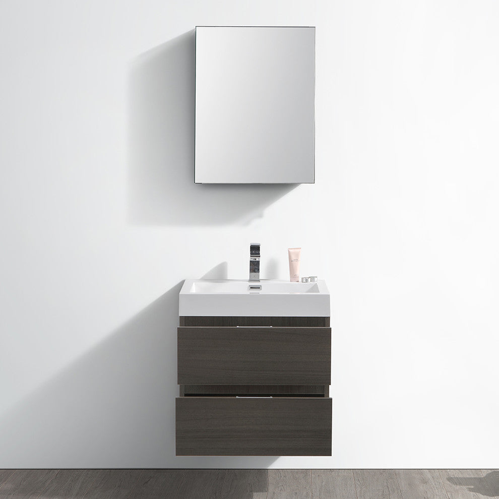 Valencia 24" Gray Oak Wall Hung Bathroom Vanity Set, Cabinet, Faucet, FFT1030BN