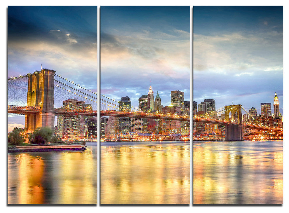 "Brooklyn Bridge With Night Illumination" Metal Wall Art, 3 Panels, 36"x28"
