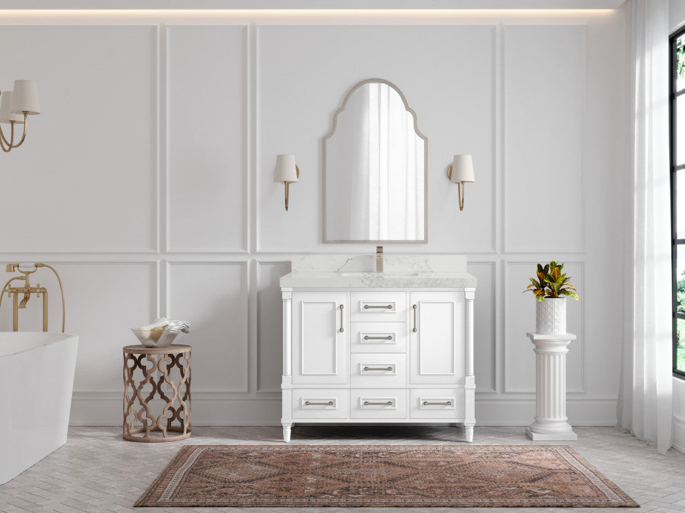Aberdeen 42 Single Sink Bath Vanity in White 2" Calacatta Nuvo