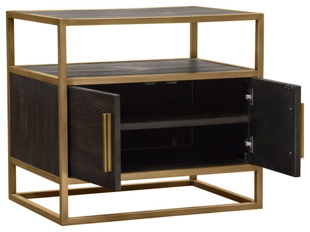 Empire 2-Door End Table With Gold Metal Frame, Dark Brown