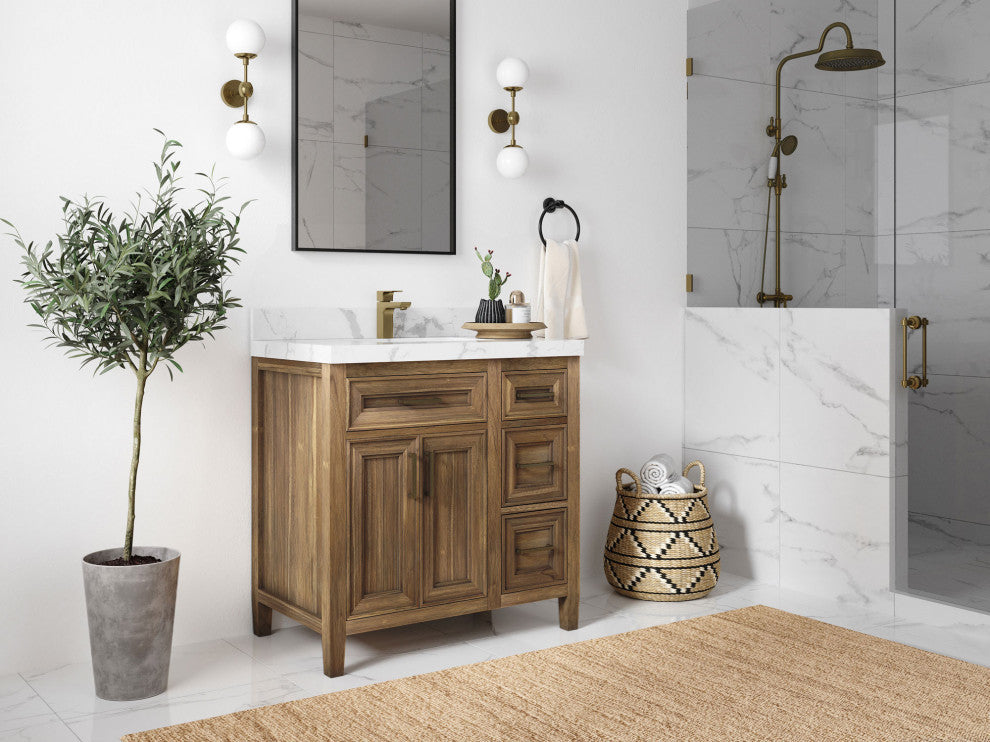 Santa Monica 36 Center Sink Bath Vanity in Graywashed Teak 2" Calacatta Laza