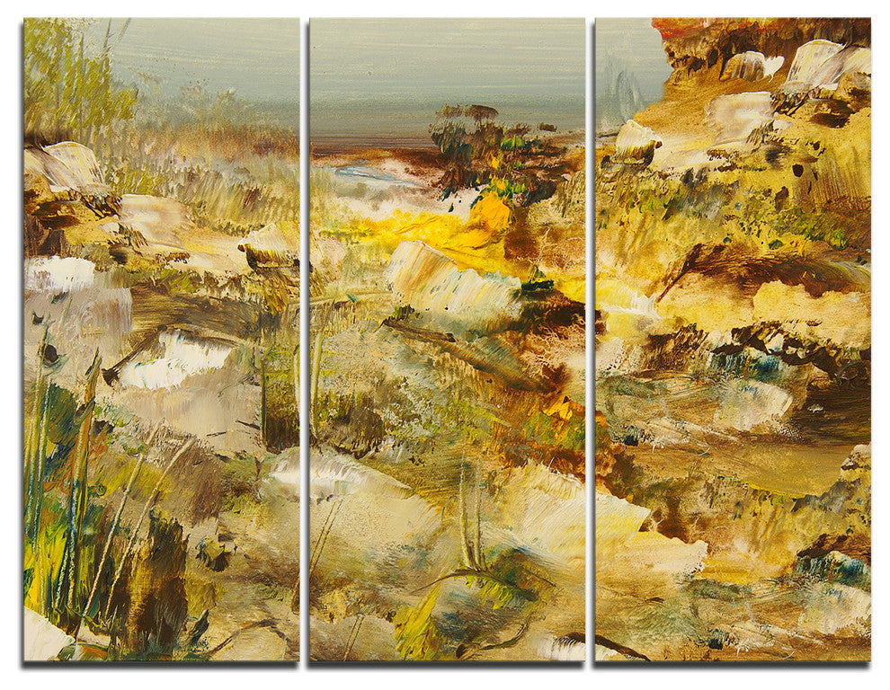 "Yellow Stones Heavily Textured" Painting Wall Art, 3 Panels, 36"x28"