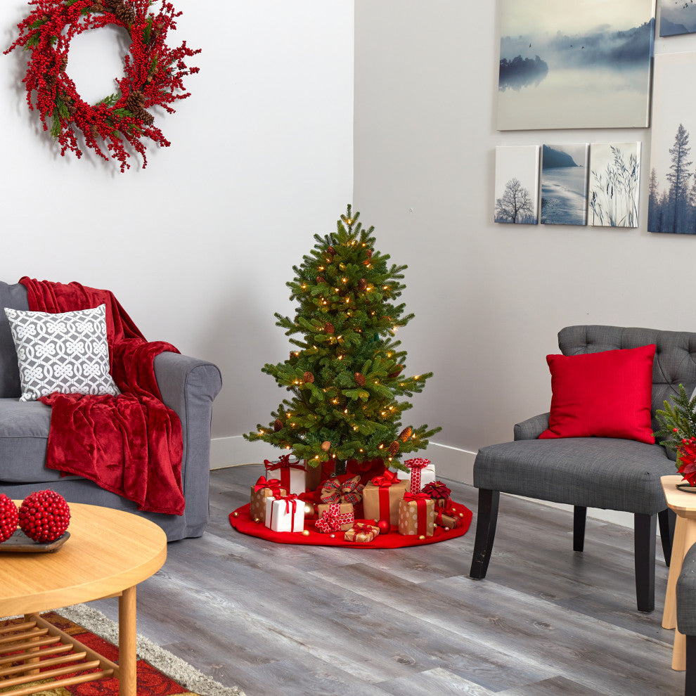 4' Yukon Mountain Fir Faux Xmas Tree W/Lights, Pinecones & 386 Bendable Branches