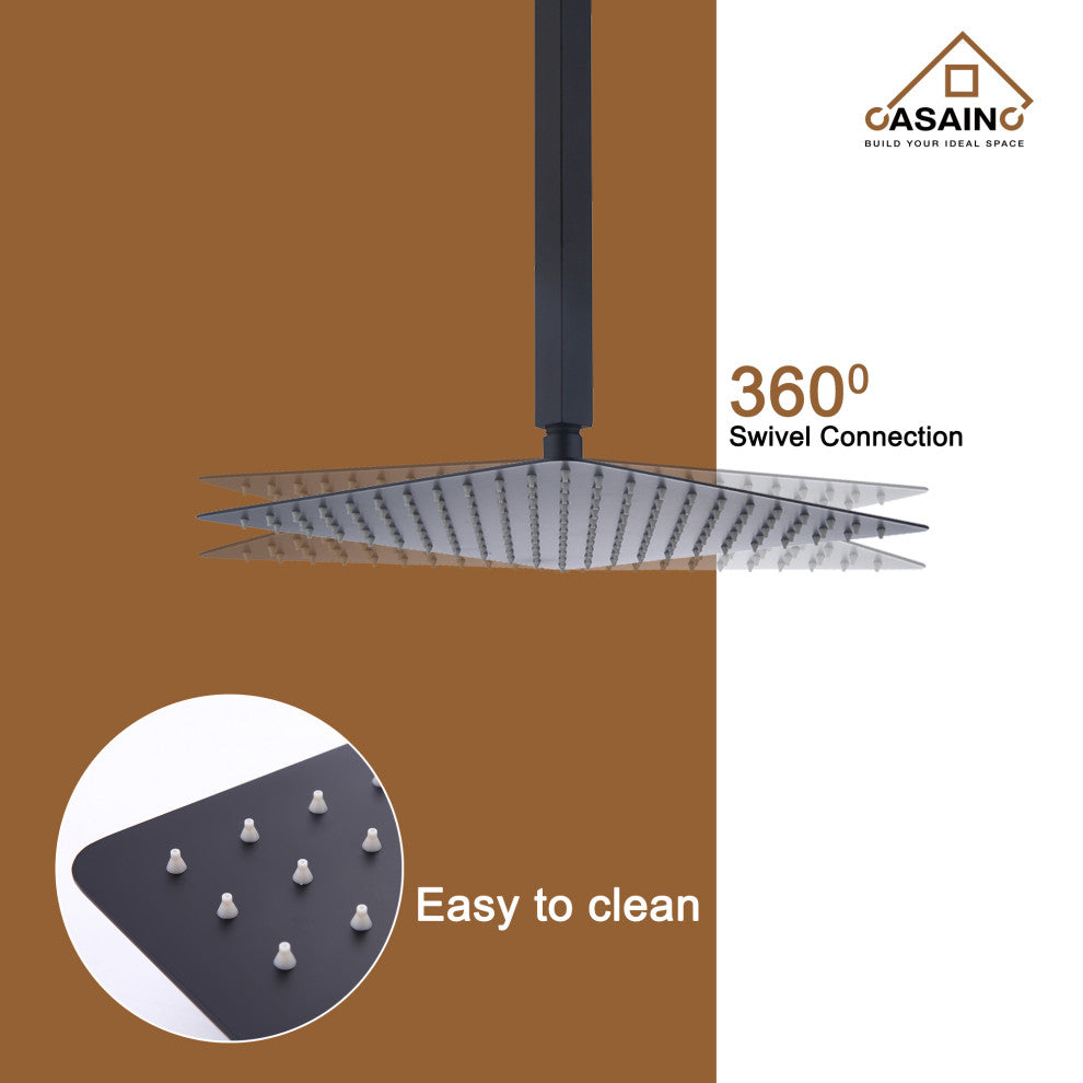 CASAINC 12" Ceiling Mounted Modern Waterfall Shower System Set, Matte Black