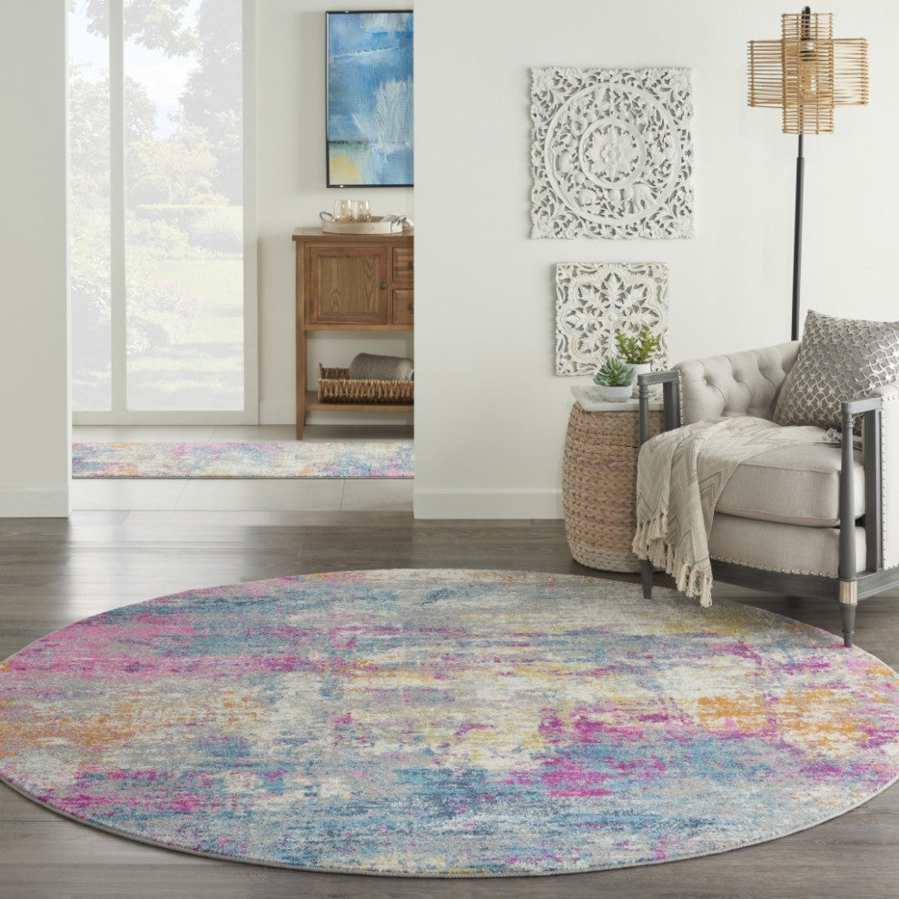 8" Round Ivory and Multi Abstract Area Rug