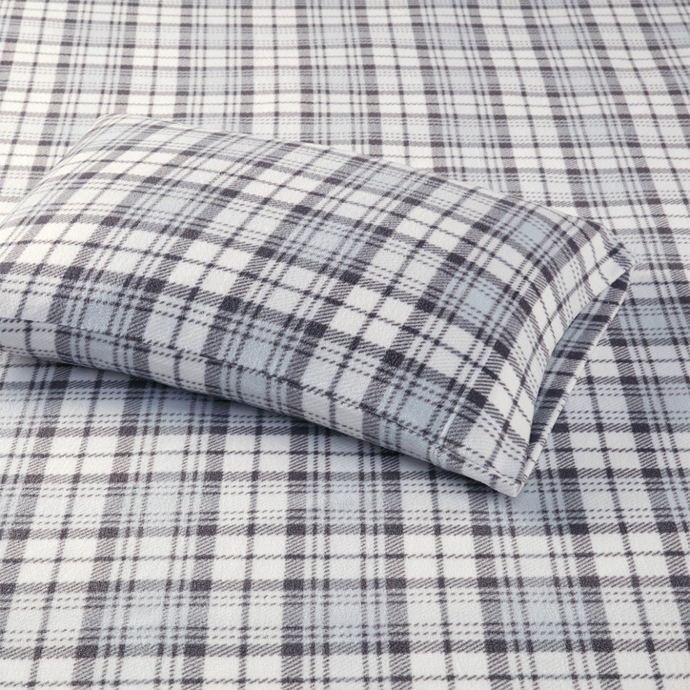 True North by Sleep Philosophy Micro Fleece Sheet Set, Grey Plaid