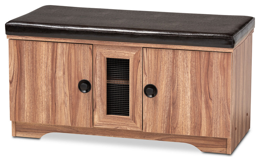 Valina Dark Brown Faux Leather Upholstered 2-Door Wood Shoe Storage Bench