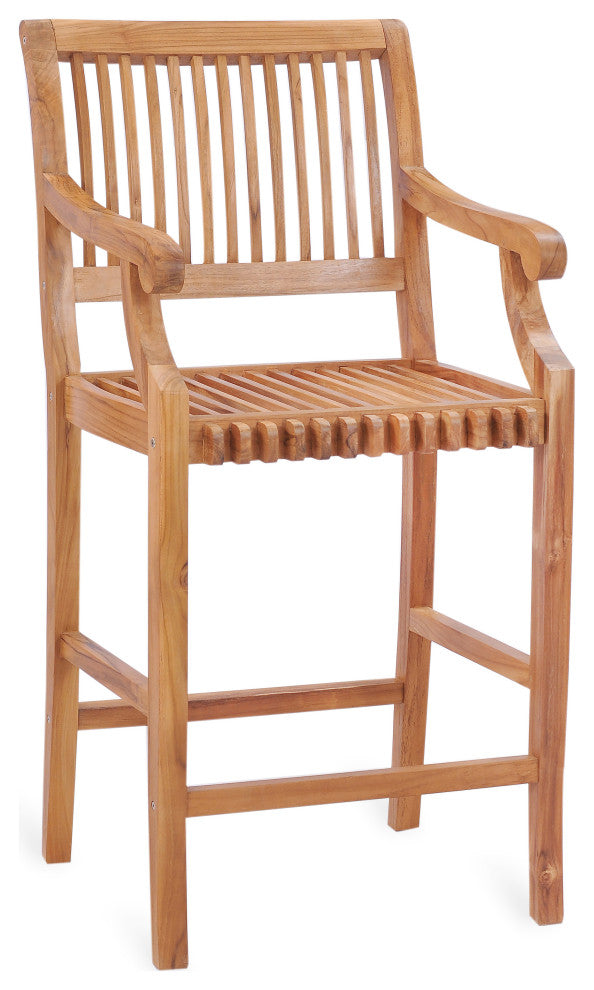 7 Piece Teak Wood Castle 63" Rectangular Bistro Bar Set, 6 Barstools with Arms