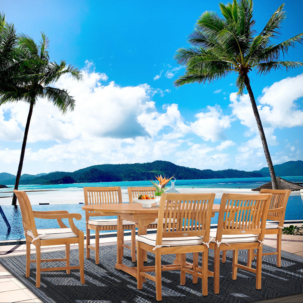 7 Piece Teak Wood Castle Patio Dining Set with Round to Oval Extension Table