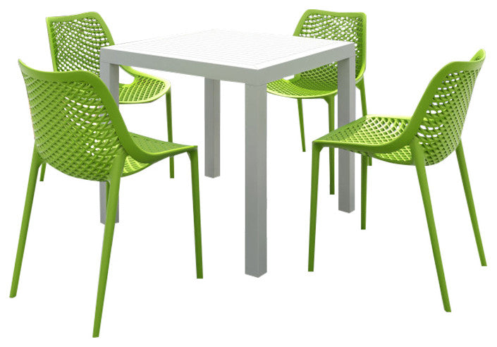 Air Mix Square Dining Set With White Table and 4 Tropical Green Chairs