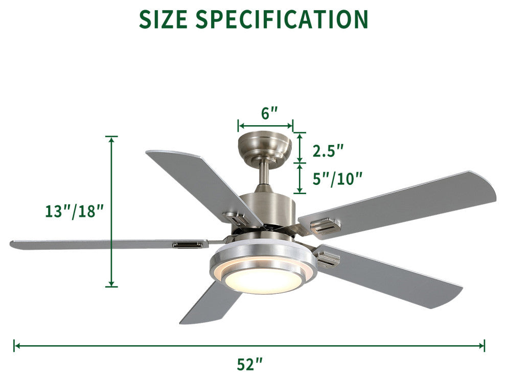 52" Ceiling Fan  Lights and Remote Control, Reversible Blades, Brushed Nickel