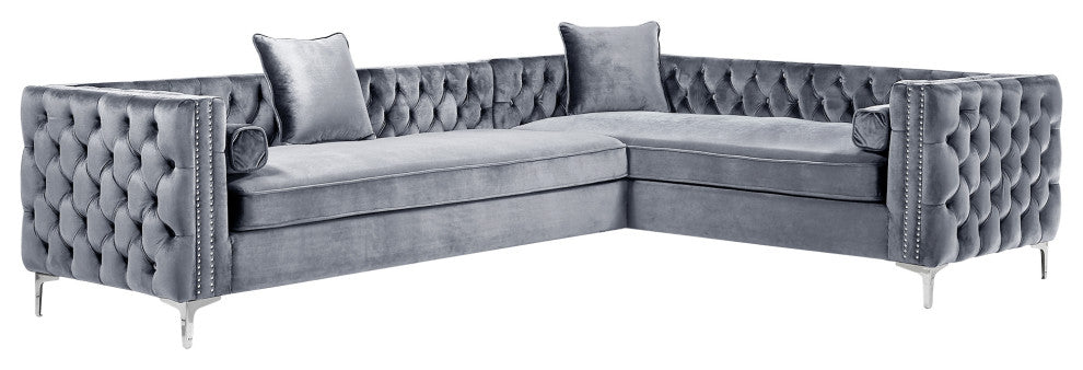 Jeannie 120" Velvet Corner Sectional Sofa, Gray, Right Facing