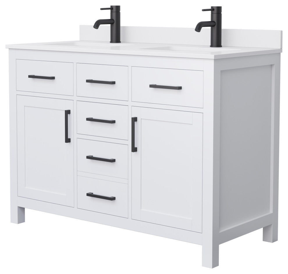48"DBL Bathroom Vanity White, White Cult. Marble Countertop, Sinks, Black Trim