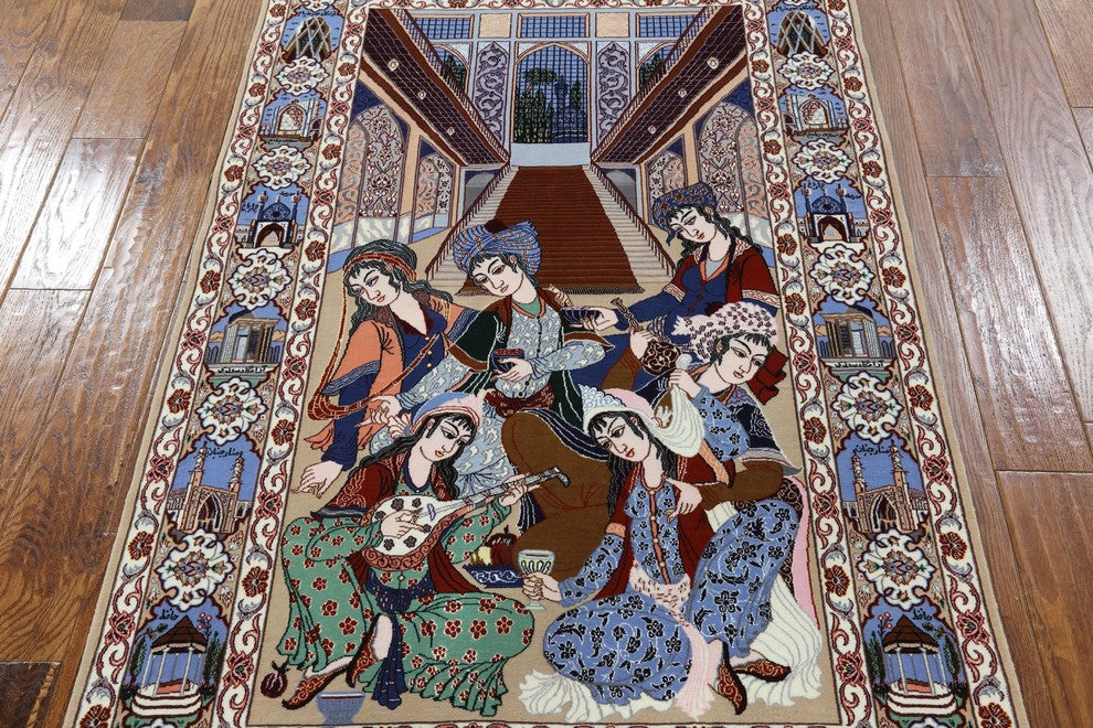 Authentic Persian Isfahan Pictorial Scene Hand Knotted Wool and Silk Rug, 4x6