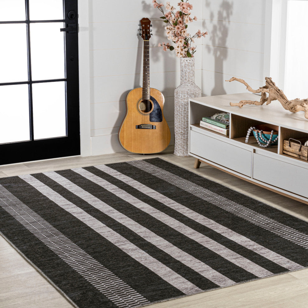 Vichy Geometric Striped Machine-Washable Area Rug, Black/Ivory, 8x10