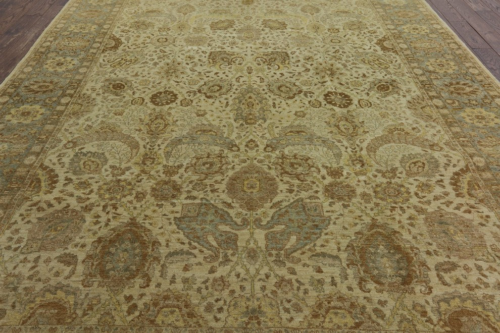 Oriental Hand-Knotted Ivory Chobi Peshawar Wool Rug, 9'x12'