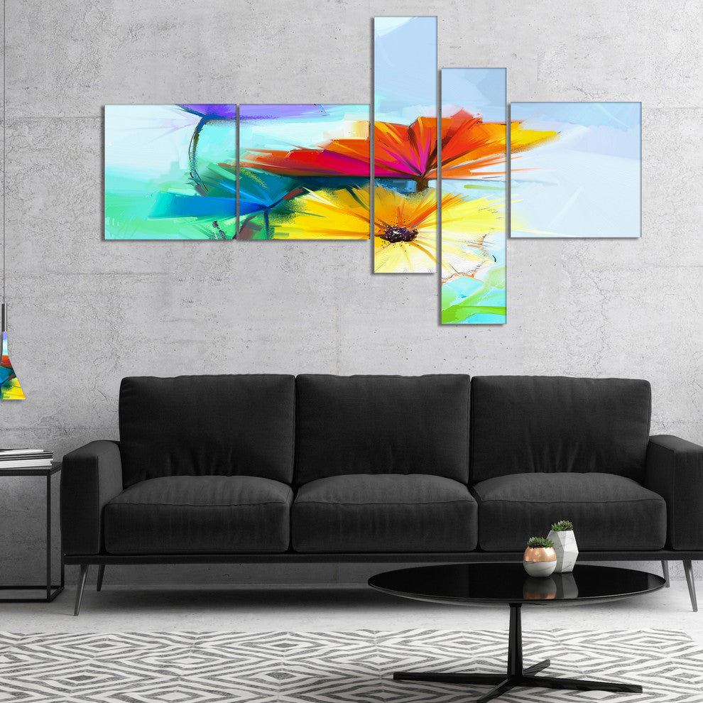 Amazing Watercolor of Spring Daisies, Floral Canvas Art Print, 60"x32", 5 panels