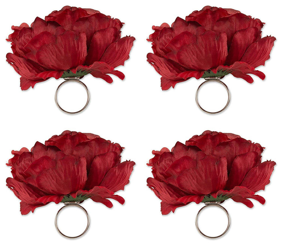 DII Peony Napkin Ring, Set of 4 Deep Red