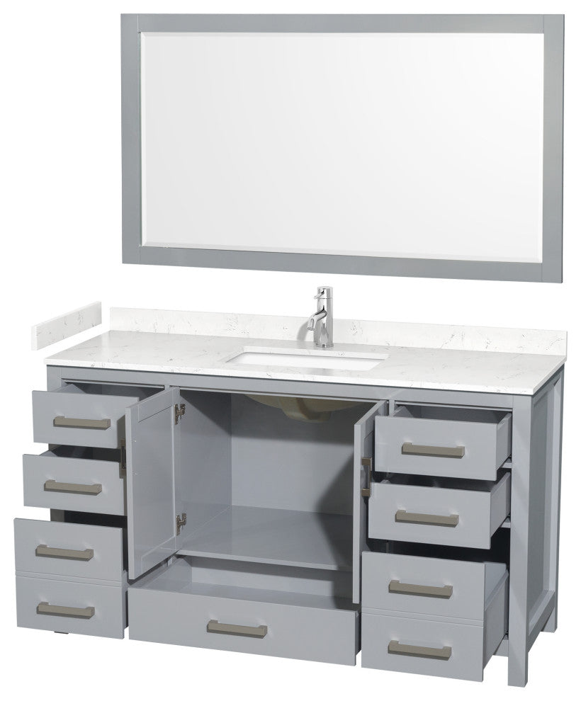 60"SGL Bathroom Vanity Gray, Carrara Cult. Marble Countertop, Sink, 58" Mirror