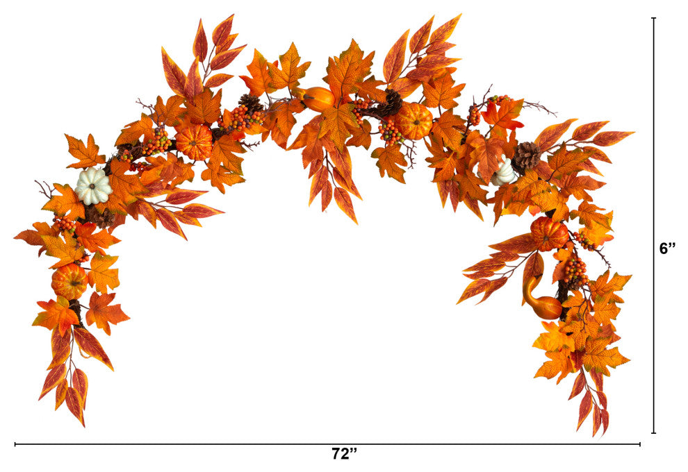 6' Assorted Fall Maple Leaves, Pumpkins, Gourds, Berries & Pinecone Faux Garland