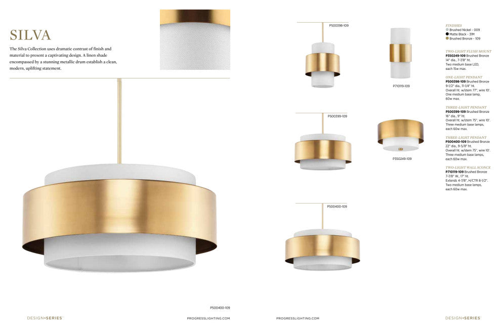 Silva Collection Two-Light Brushed Nickel White Linen Shade 14" Flush Mount, Brushed Bronze