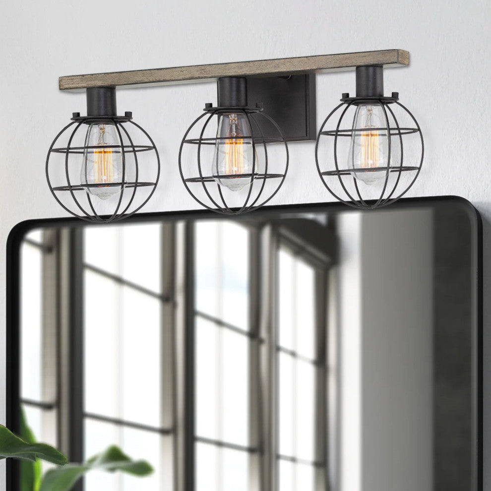 Kira Home Nash 24" Farmhouse / Bathroom Light, Orb Cage Shades, Reclaimed Oak