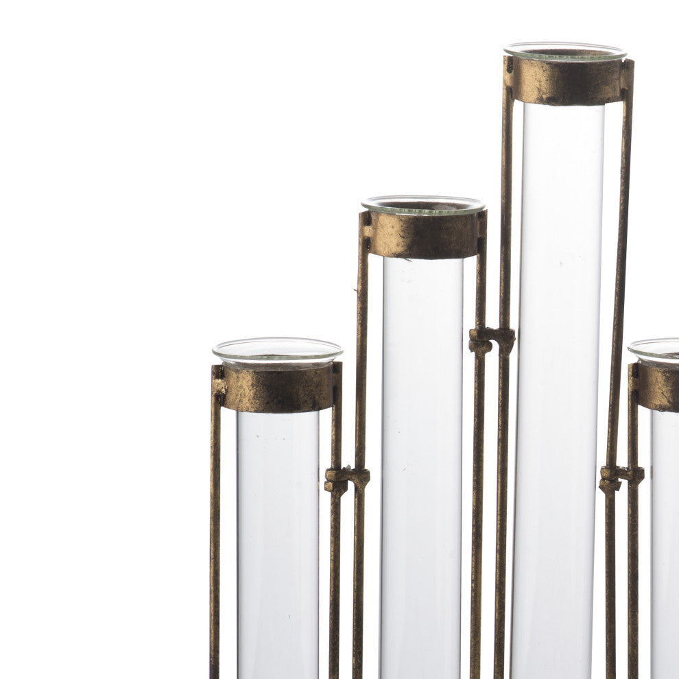 Benzara BM285277 18" 9 Slot Accent Vase, Glass Body Pieces, Antique Bronze