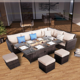 9 Pieces Patio Rectangle Firepit Dinging Table Sofa Set with Wind Guard, Set