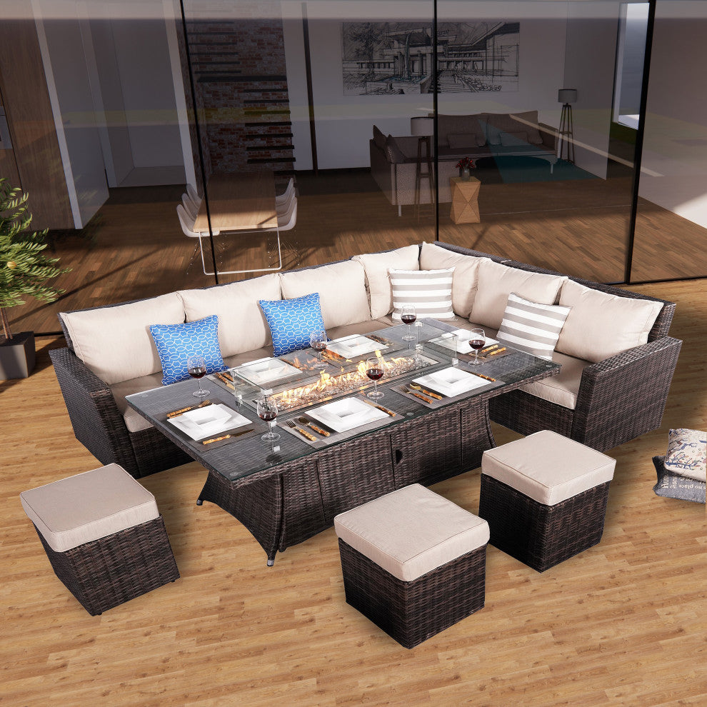 9 Pieces Patio Rectangle Firepit Dinging Table Sofa Set with Wind Guard, Set