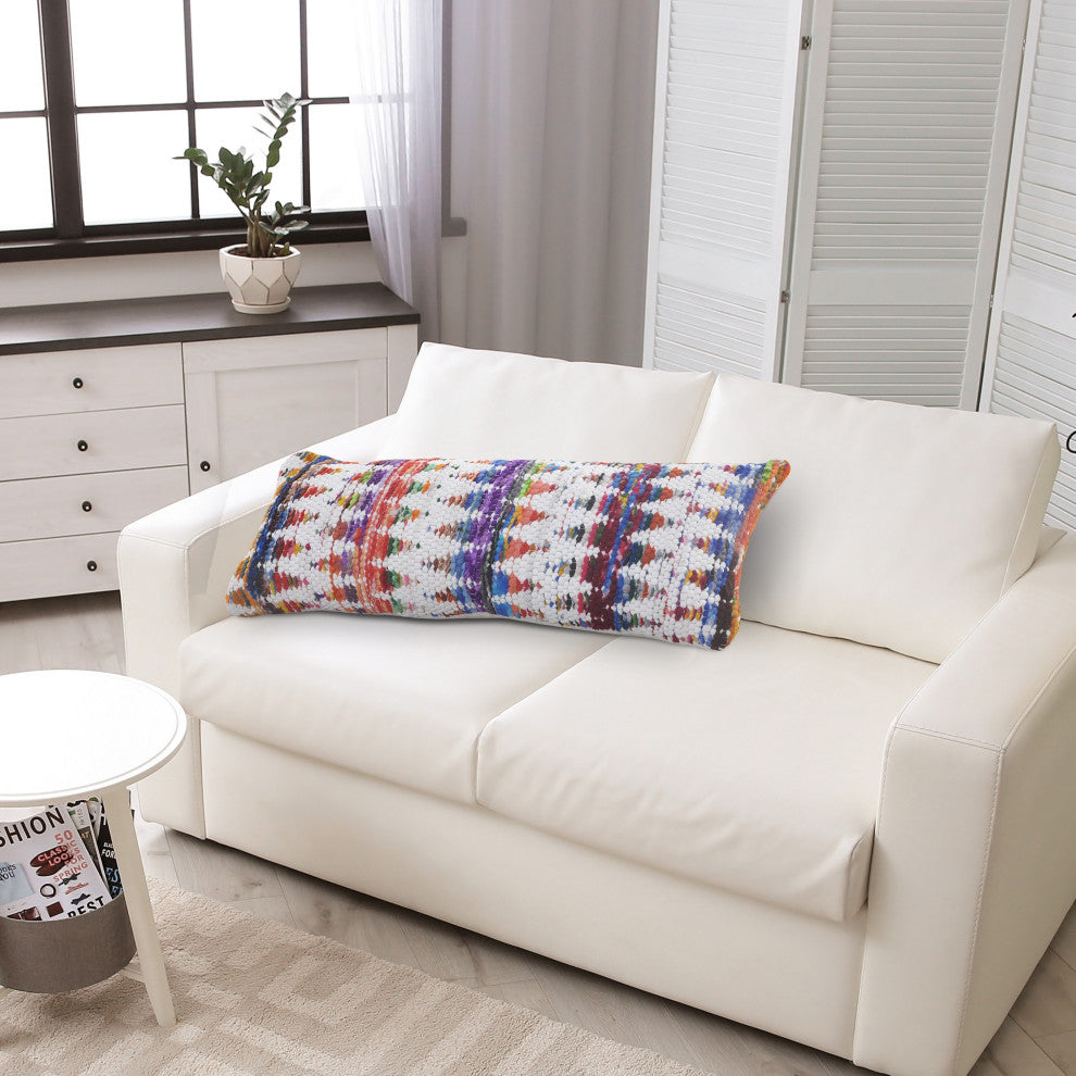Ox Bay Handwoven White/Multi Geometric Cotton Blend Pillow Cover, 14"x36"