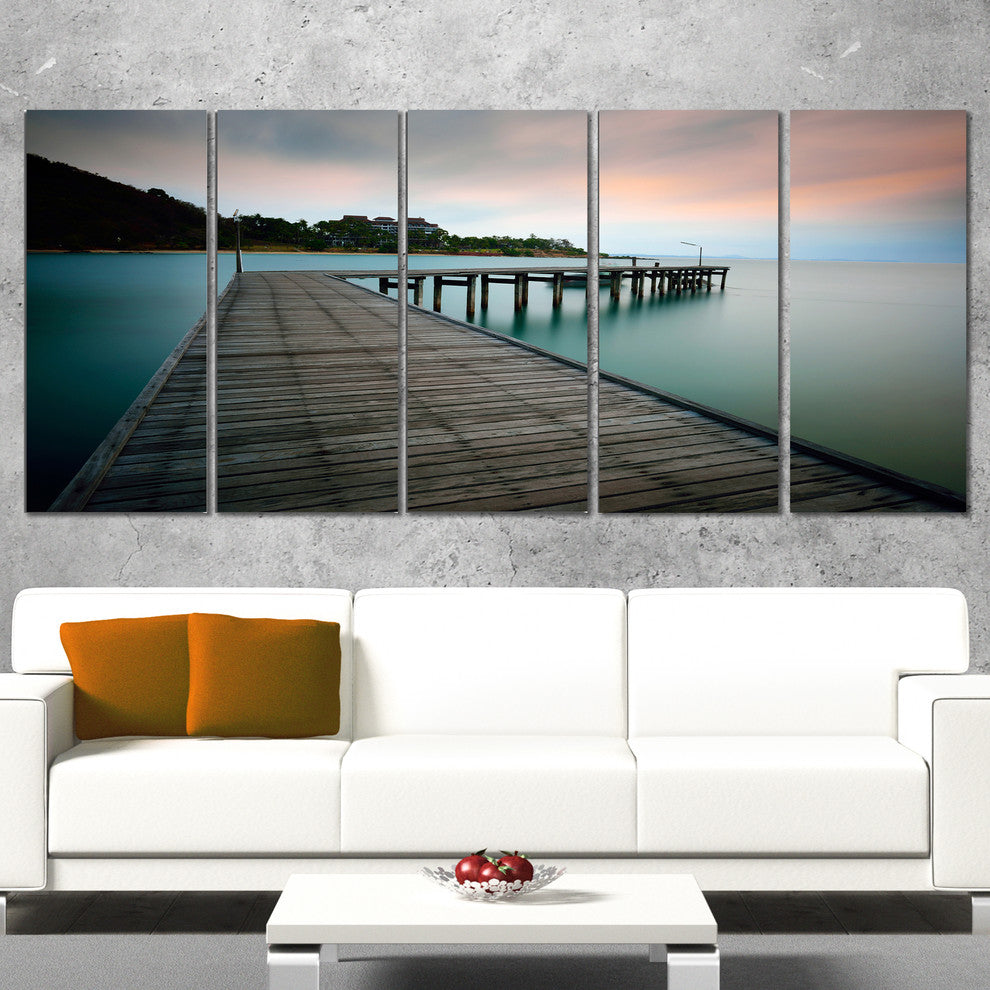 Wooden Bridge into Blue Sea, Modern Canvas Art Print, 60"x28", 5 Panels