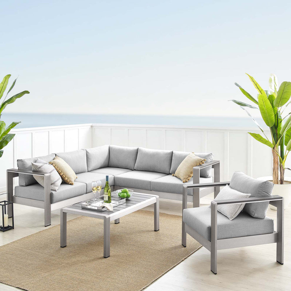 Sectional Sofa Chair Table Set, Sunbrella, Aluminum, Silver Gray, Outdoor