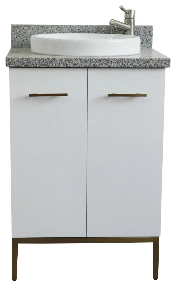 25" Single Sink Vanity, White Finish With Gray Granite And Round Sink