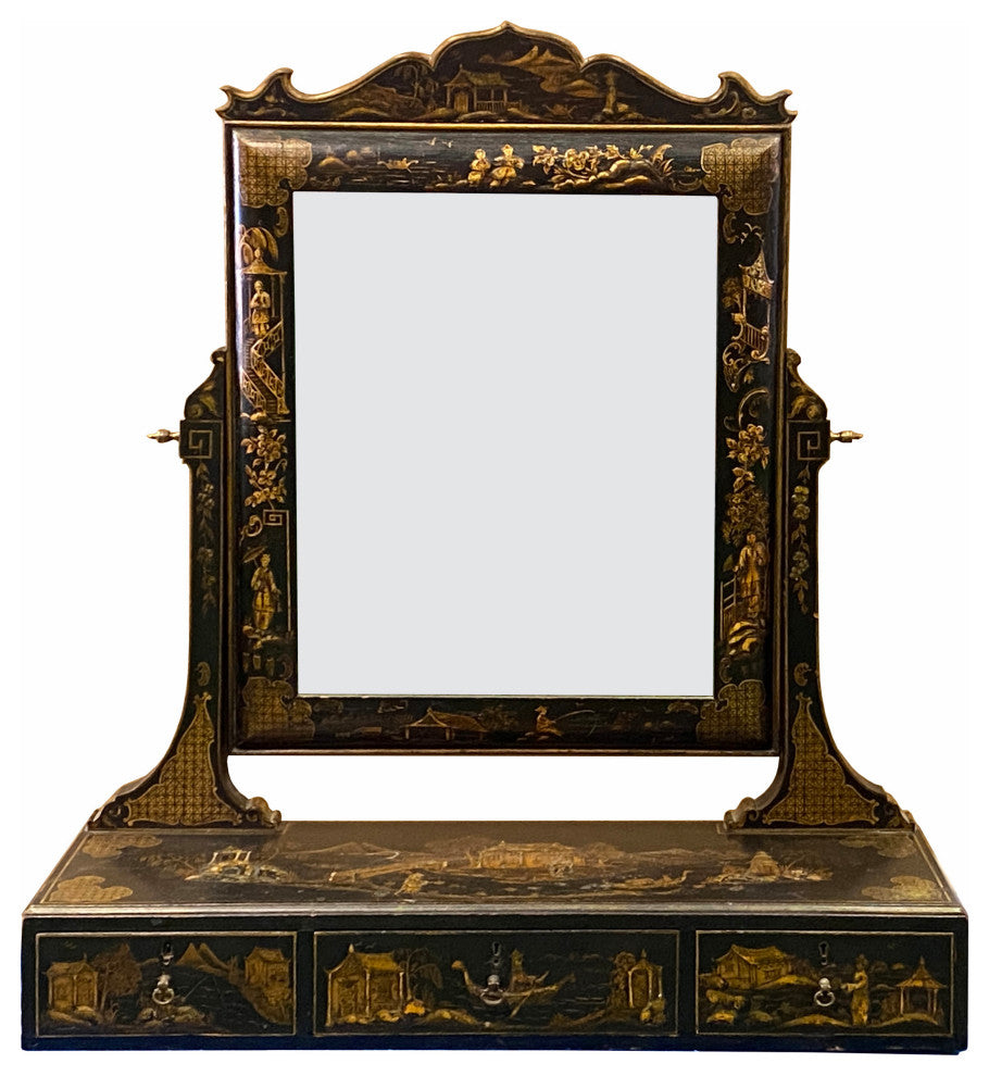 Chinese Vintage Golden Scenery Black Lacquer Mirror Chest Hcs7052