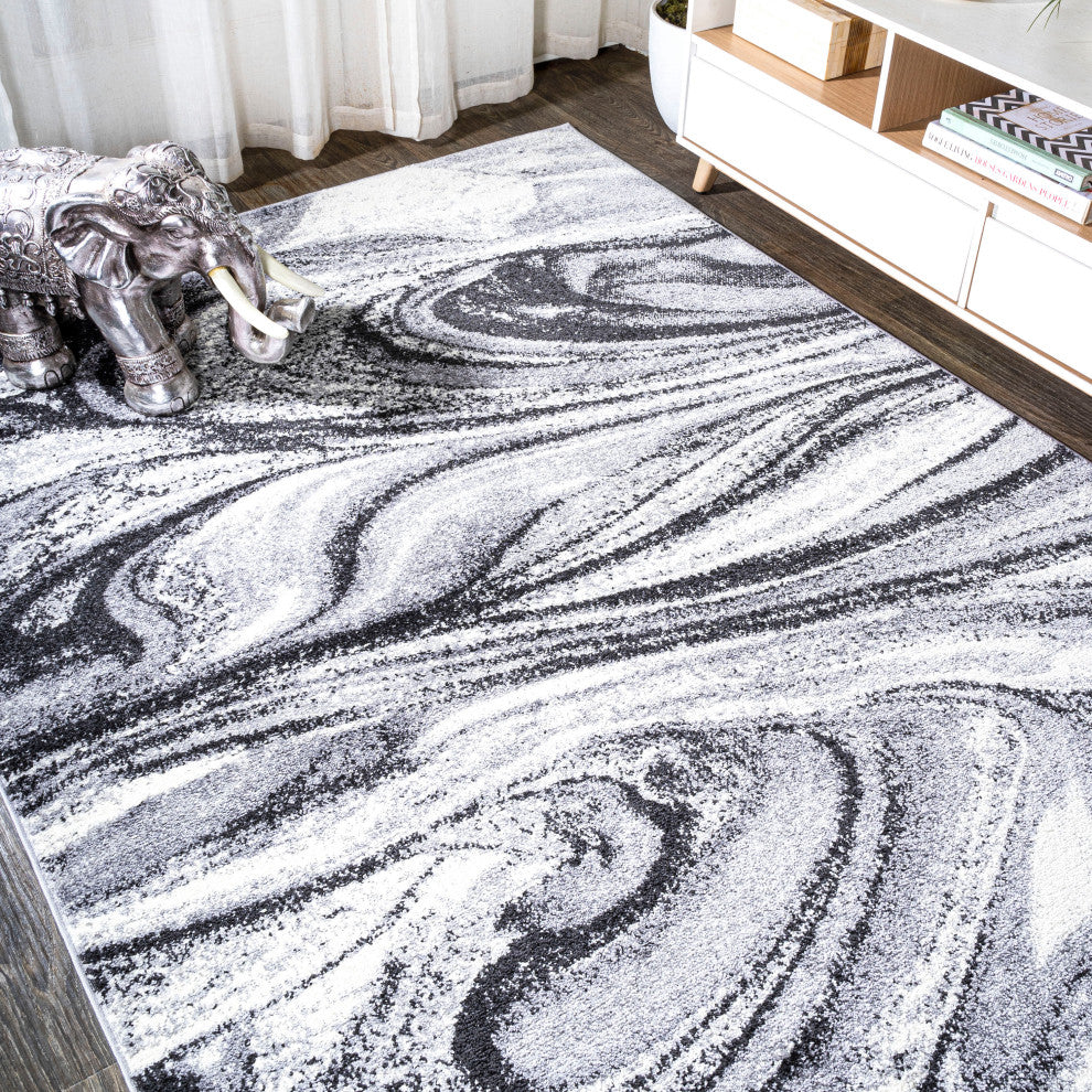 Viscon Abstract Marble Contemporary Light Gray/Black 3'x5' Area Rug
