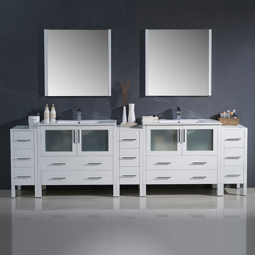 Torino 108" White Modern Double Sink Bathroom Vanity, Faucet FFT9151CH