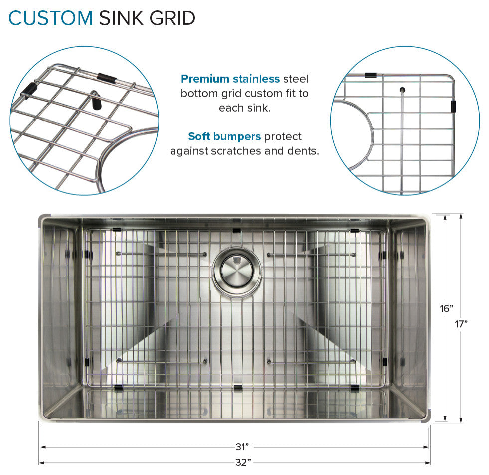 Transolid 32"x17" Rimless Single Bowl Kitchen Sink, Stainless