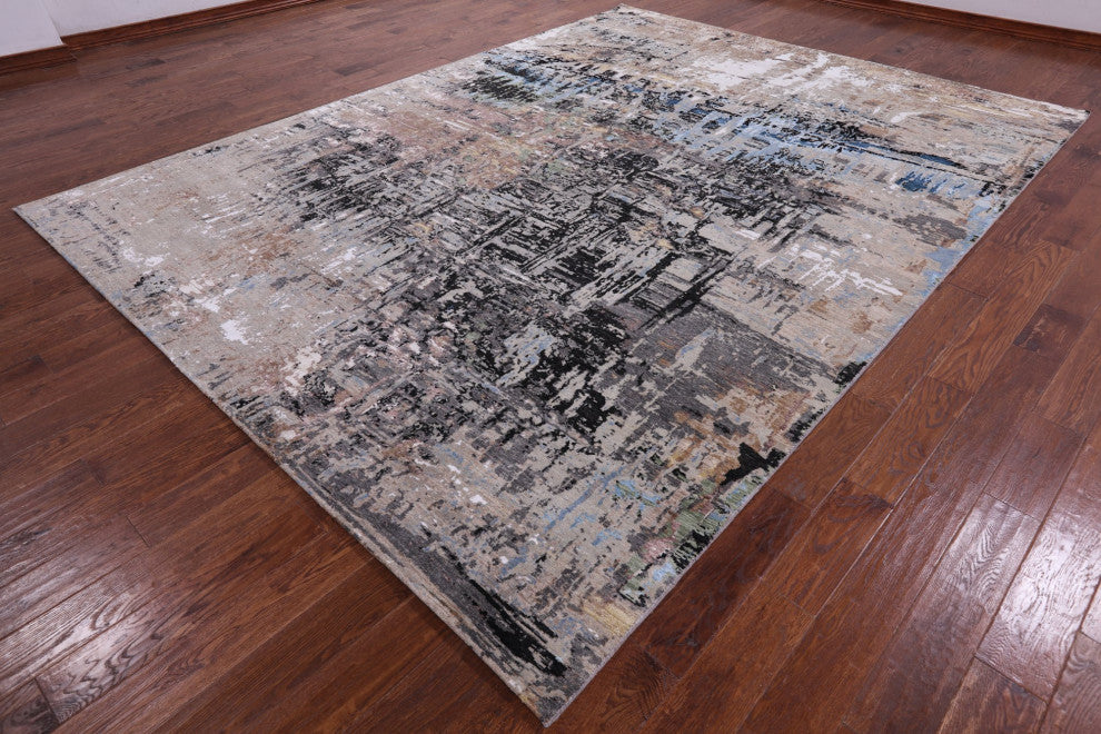 9' 1" X 12' 2" Wool and Silk Abstract Handmade Rug Q8548